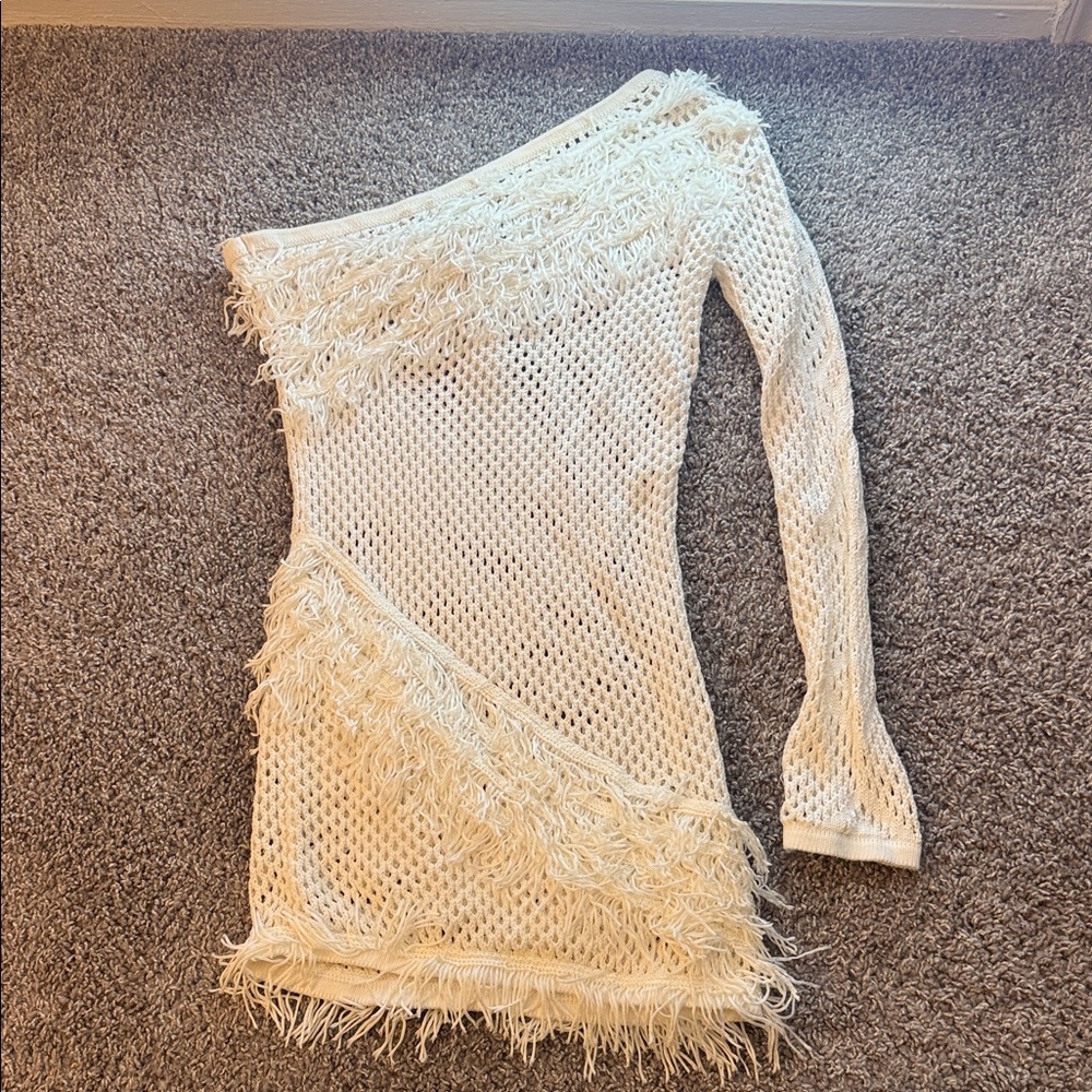 Asymmetrical White Fringe Dress